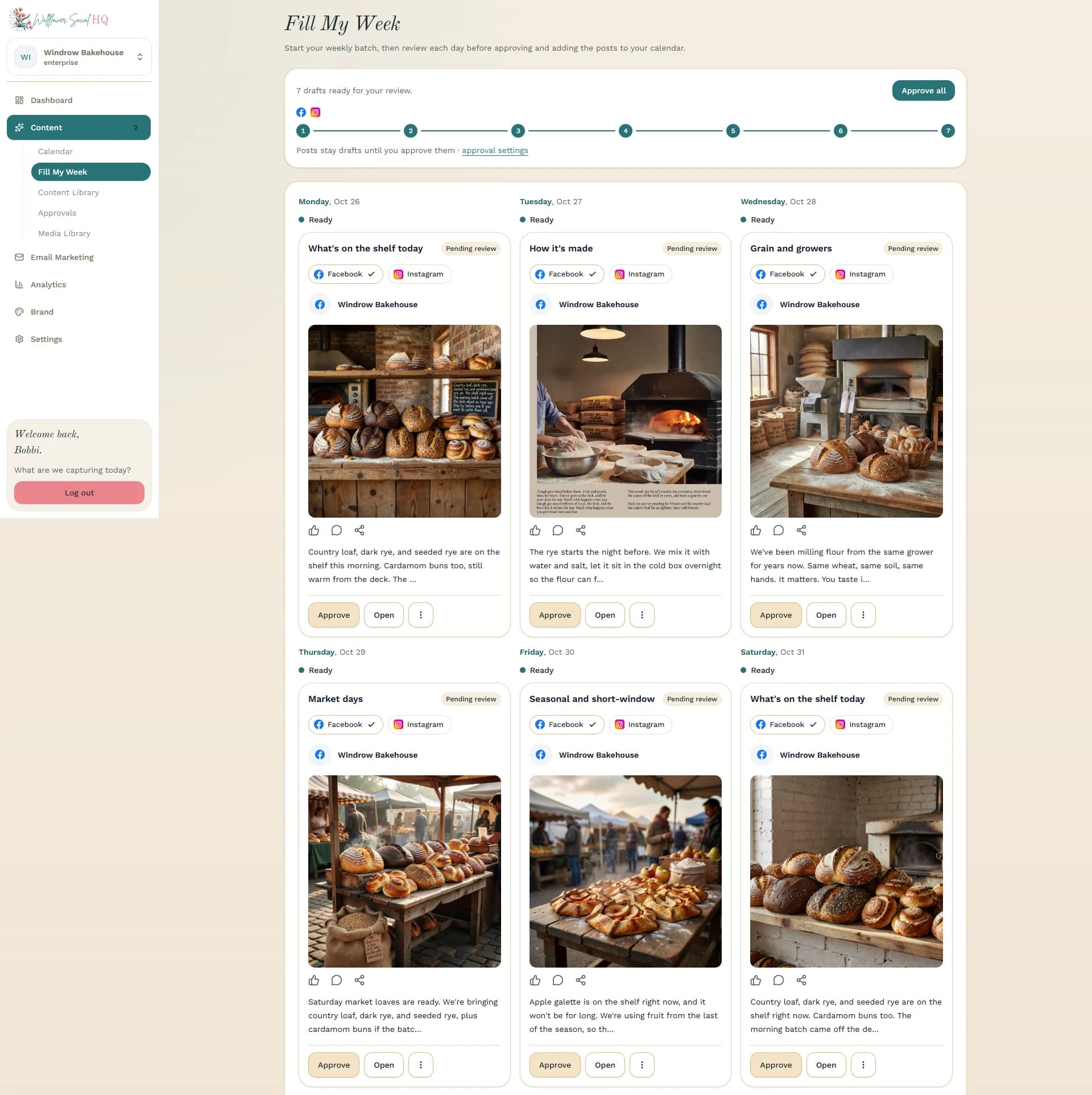 The Fill My Week screen for Windrow Bakehouse: seven drafts ready for review, one a day starting Monday, October 26. Each card has a bakery photo, a short caption, Facebook and Instagram picked, and an Approve button.