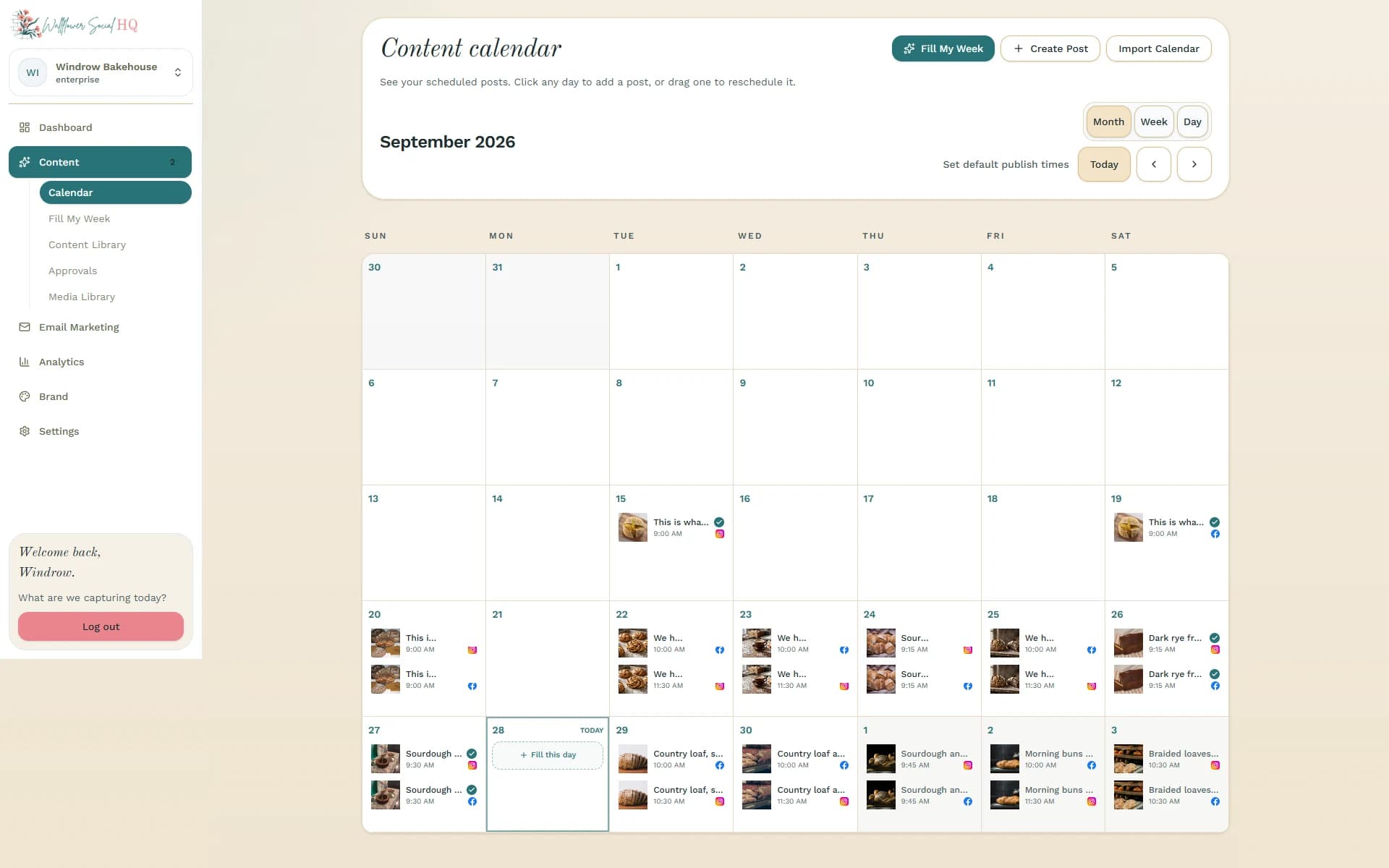 The Wallflower content calendar in month view for Windrow Bakehouse, September 2026, with Facebook and Instagram posts on the 15th and 19th and on nearly every day from the 20th through October 3, each with a bakery photo and a publish time.